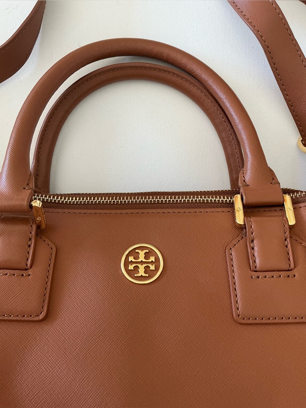 Tory Burch Robinson Double Zip Tote Tan Leather Satchel Crossbody Bag - Picture 12 of 14